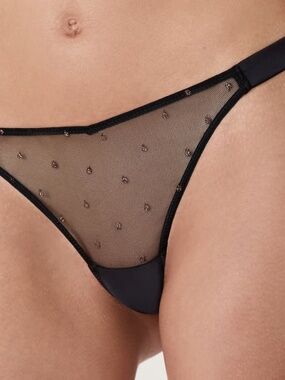 ETAM Divine EMBROIDERED TANGA  Black polka dot NWT